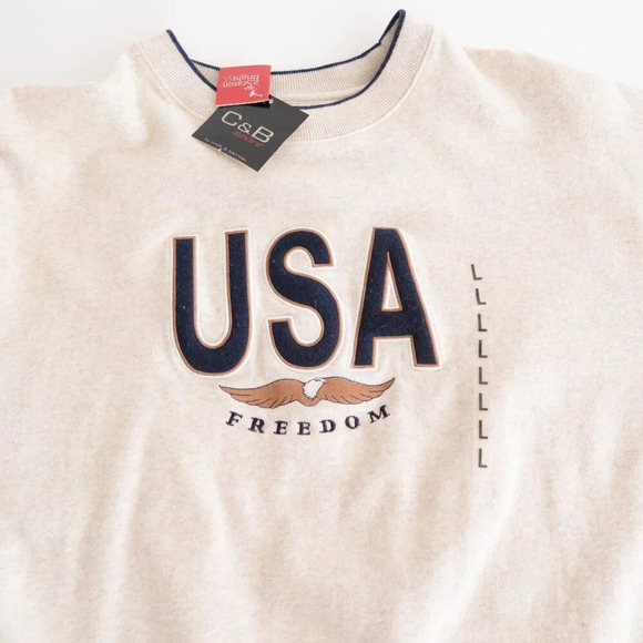 Vintage 90S Croft And Barrow Sport Cream Navy Embroidered  Usa Crew Neck Sweater - Picture 8 of 13